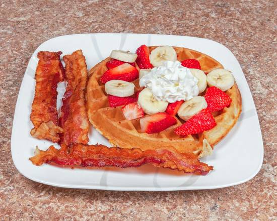 Order Golden Brown Waffle with Fresh Strawberries & Whipped Cream food online from Freight Street Grill store, Waterbury on bringmethat.com
