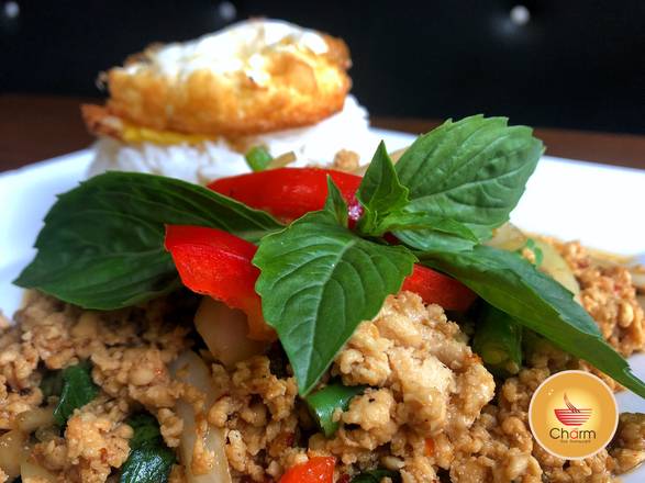 Order CHOP CHOP BASIL** (KA POW GAI KAI DOW)  food online from Charm Thai Restaurant store, Silver Spring on bringmethat.com