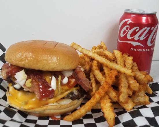 Order Bacon Cheese Burger, Fries, & Drink food online from The burger cave store, North Las Vegas on bringmethat.com