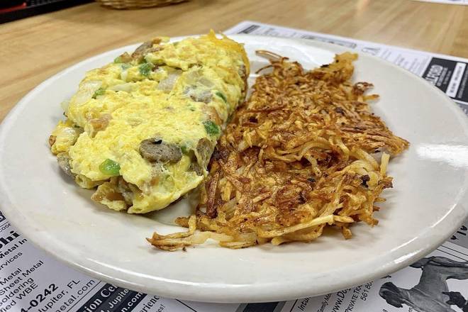 Order Sausage and Cheese Omelette food online from Old Dixie Cafe Breakfast And Lunch store, Jupiter on bringmethat.com
