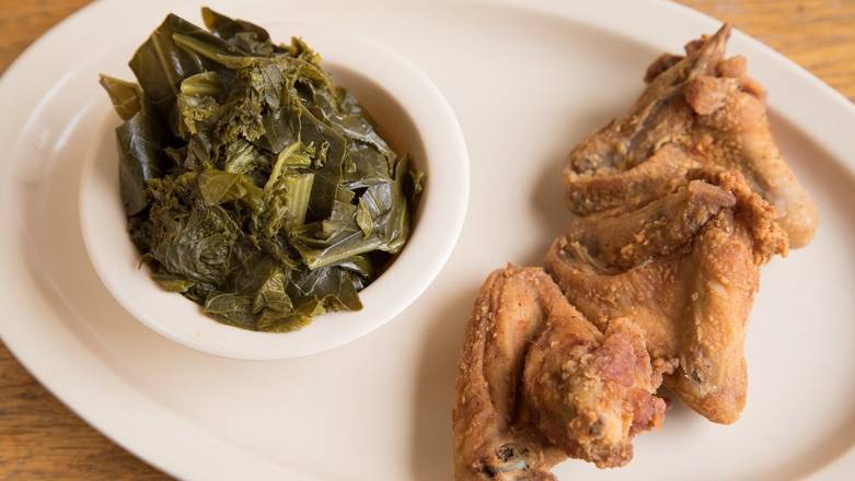 Order 20. 3 Wings, Greens or Potatoes Smothered in Gravy with Onions food online from Roscoe House Of Chicken & Waffles store, Long Beach on bringmethat.com