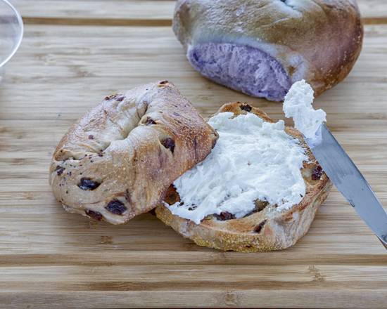 Order Cinnamon Raisin Bagel with Cream Cheese Sandwich food online from The Pancake Snob store, New York on bringmethat.com