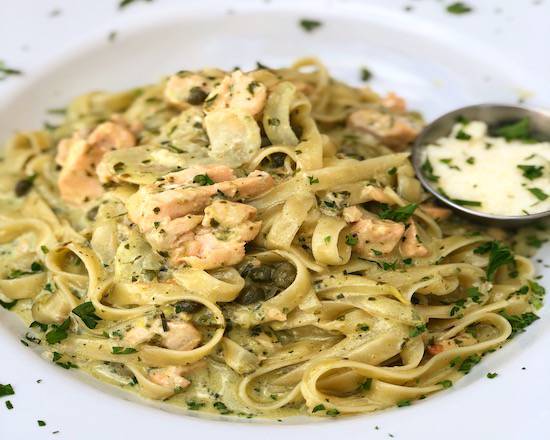 Order FETTUCCINE ALFREDO SALMON food online from NOA Cafe store, Miami on bringmethat.com