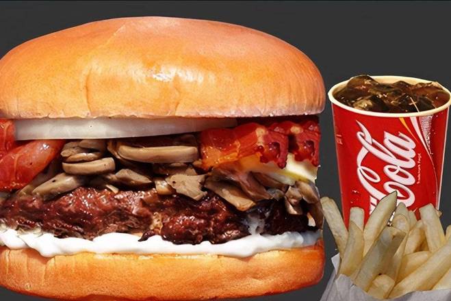Order Mushroom swiss burger combo food online from Breakfast, Burgers & Tax-Mex Express store, Cedar Park on bringmethat.com