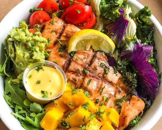 Order SALMON MANGO BOWL (RICELESS) food online from NOA Cafe store, Miami on bringmethat.com