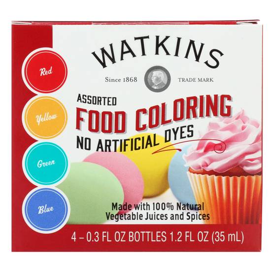 Order Watkins Food Coloring Assorted Colors 4ct 1.2oz food online from Everyday Needs by Gopuff store, St. Petersburg on bringmethat.com