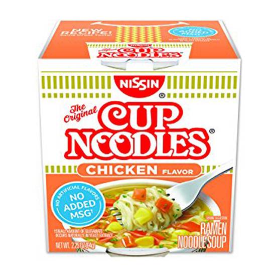 Order Nissin Cup Noodles Chicken Flavor Ramen Noodle Soup 2.25oz food online from Everyday Needs by Gopuff store, Tampa on bringmethat.com