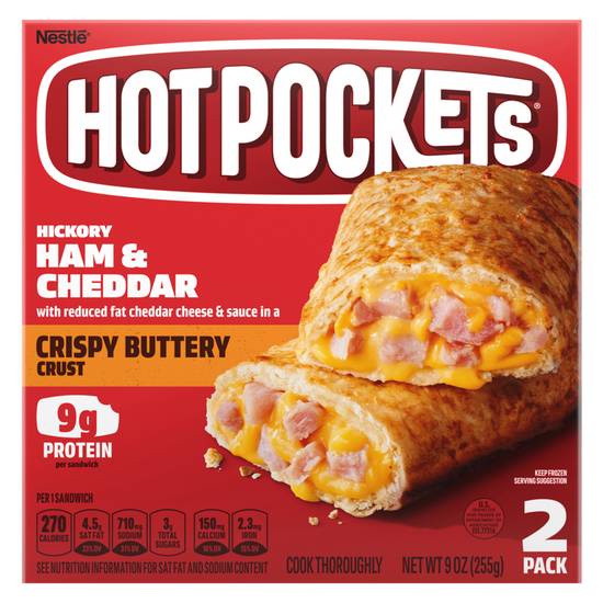 Order Hot Pockets Frozen Crispy Buttery Crust Hickory Ham & Cheddar 2ct 9oz food online from Everyday Needs by Gopuff store, Tampa on bringmethat.com