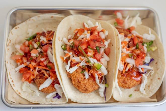 Order Asian Shrimp Tacos (3 pcs) food online from Twisted Tavern store, Buford on bringmethat.com