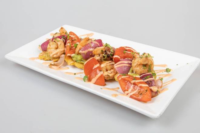 Order Fried Green Plantains With Shrimp and Guasacaca food online from Bocas Grill store, Miami on bringmethat.com