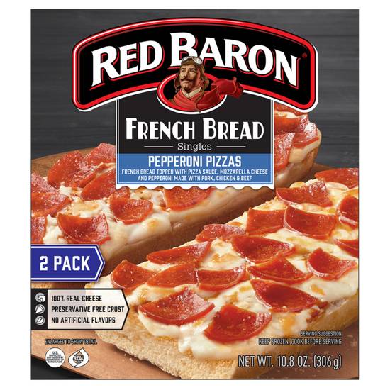 Order Red Baron Frozen French Bread Singles Pepperoni Pizza 2ct 10.8oz food online from Everyday Needs by Gopuff store, Baton Rouge on bringmethat.com