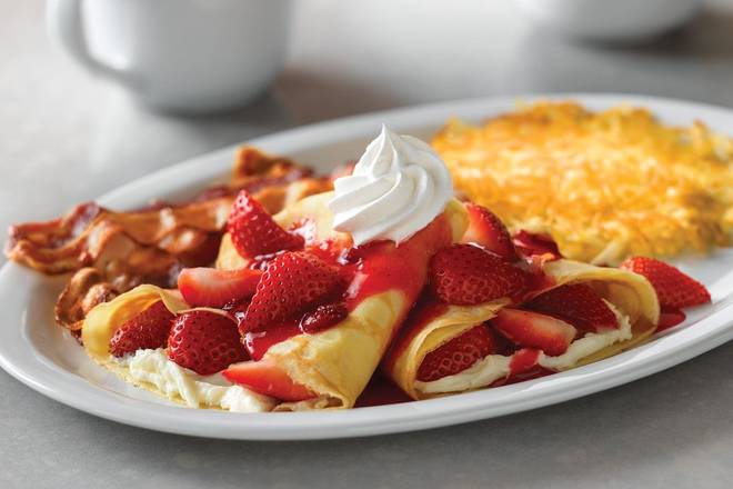 Order Strawberry Crêpes Combo food online from Village Inn Pancake House store, Tampa on bringmethat.com