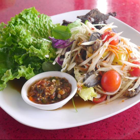 Order Green Papaya Salad & Beef Jerky food online from Fuzion Five store, Palm Springs on bringmethat.com