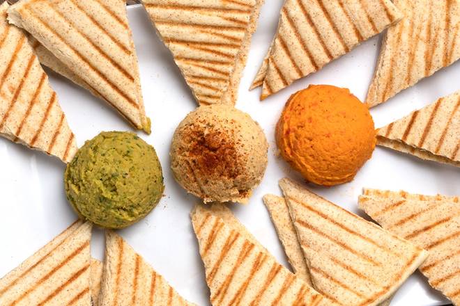 Order HUMMUS TRIO - VEG food online from Mad Greens store, Lakewood on bringmethat.com