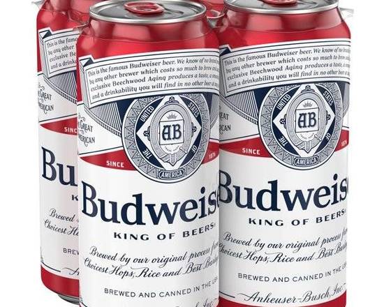 Order Budweiser, 4 pk-16oz can beer (5.0% ABV) food online from Xtra Liquors & Wines store, WEST MIAMI on bringmethat.com