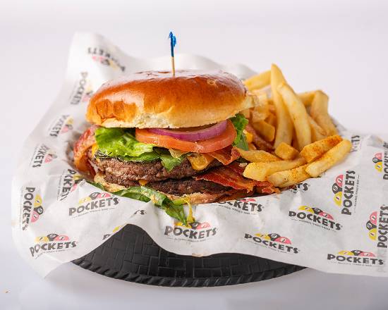 Order Double Bacon Burger food online from Pocket's Billiards Wings And Beer store, El Paso on bringmethat.com
