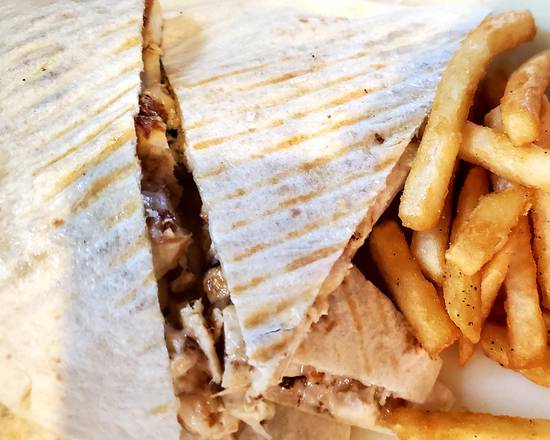 Order Chicken Quesadukla With French Fries  food online from The Grove Coffee House store, Davie on bringmethat.com