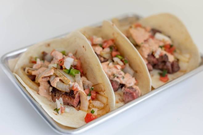 Order Steak Tacos (3 pcs) (8 oz) food online from Twisted Tavern store, Buford on bringmethat.com