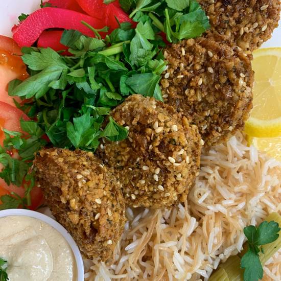 Order Falafel Platter with Vermicelli Rice VG,GF food online from Mediterraneaneat All With Olive Oil store, Dallas on bringmethat.com
