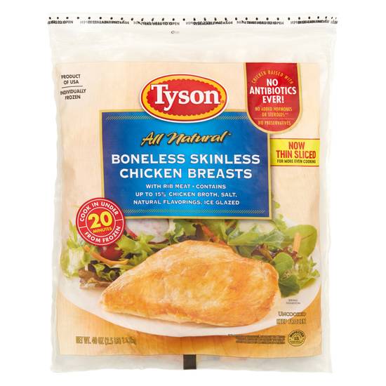 Order Tyson Frozen Boneless Skinless Chicken Breasts 2.5lb food online from Everyday Needs by Gopuff store, Montgomery on bringmethat.com