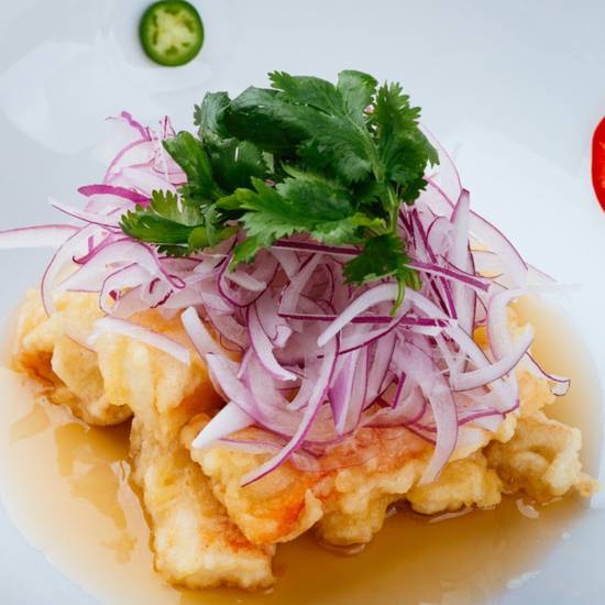Order White Fish Tempura w/ Amazu Jalapeno food online from Matsuhisa store, Beverly Hills on bringmethat.com