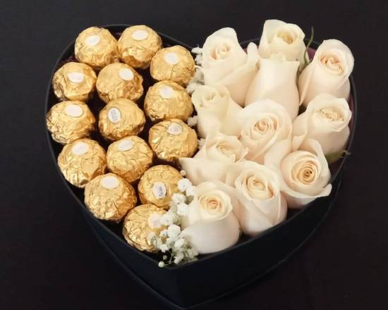 Order White Roses and Ferrero Chocolate Heart Shape Bucket food online from Claudia's Flowers store, North Miami on bringmethat.com