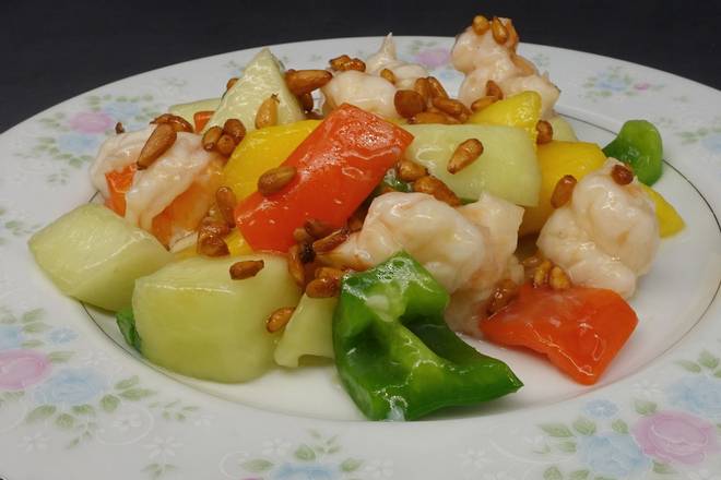 Order 420.Shrimp with Sliced Mango & Apple & Pine Nuts 松子虾片 food online from China Chalet store, Florham Park on bringmethat.com