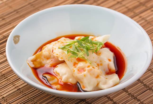 Order Chicken & Mushroom Jiaozi with Chil oil (5pcs) food online from JA Jiaozi Authentic Dumplings store, Irvine on bringmethat.com