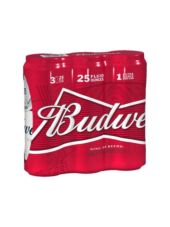 Order Budweiser 25 OZ Can 3 Pack (5.0 % ABV) food online from Chevron Extramile store, W Sacramento on bringmethat.com