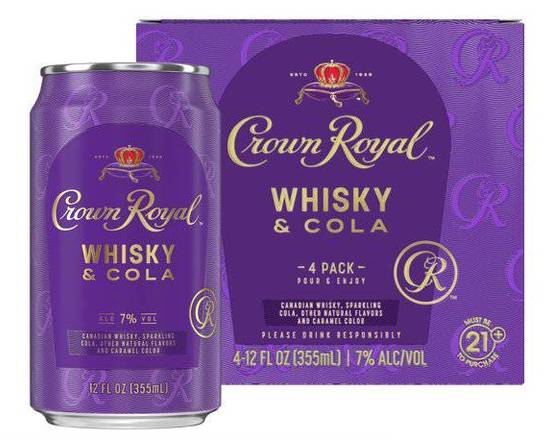 Order Crown Royal Whiskey & Cola RTD Cocktails, 12oz-4 pack Cans, (7% ABV) food online from Golden Ox Liquors store, Saint Augustine on bringmethat.com