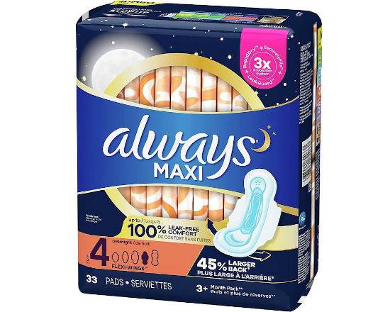 Order Always Maxi Pads Size 4 Overnight Absorbency Unscented with Wings, 33 Count food online from Turbo Merce store, Alpharetta on bringmethat.com