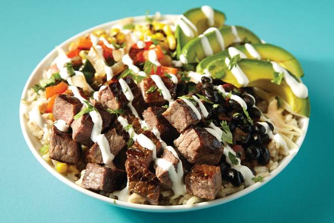 Order The O.G. Bowl - choice of grilled chicken, steak or vegetarian (v) food online from Savage Burrito store, Brookfield on bringmethat.com