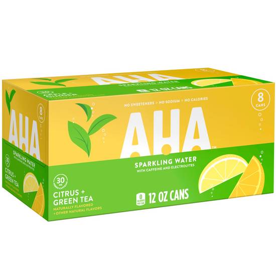 Order AHA Sparkling Citrus + Green Tea Flavored Water with Caffeine & Electrolytes, 12 OZ Cans, 8 PK food online from Cvs store, WAKEFIELD on bringmethat.com