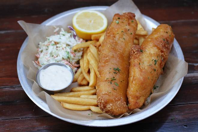 Order Beer Battered Fish + Chips food online from Lazy Dog Restaurant & Bar store, Boca Raton on bringmethat.com