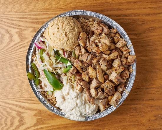 Order #10 Salt and Pepper Chicken, Brown Rice, Hummus, Salad, Baba Ganoush, Lemon Tahini Sauce food online from NY Chicken and Rice store, Glen Cove on bringmethat.com
