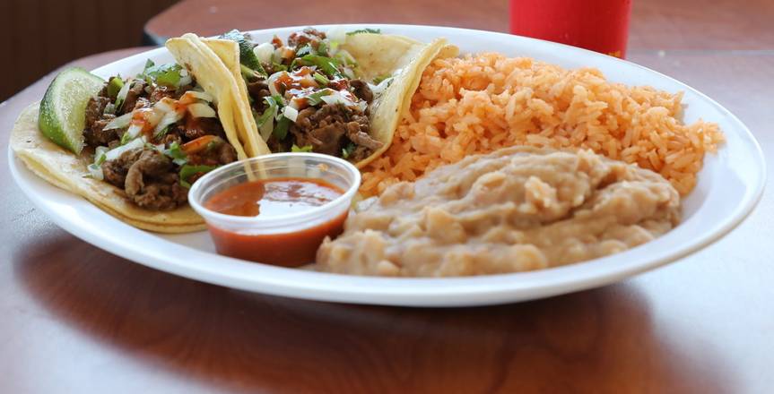 Order Carne Asada Taco Plate food online from Norm's Famous Charbroiled Hamburgers store, Whittier on bringmethat.com