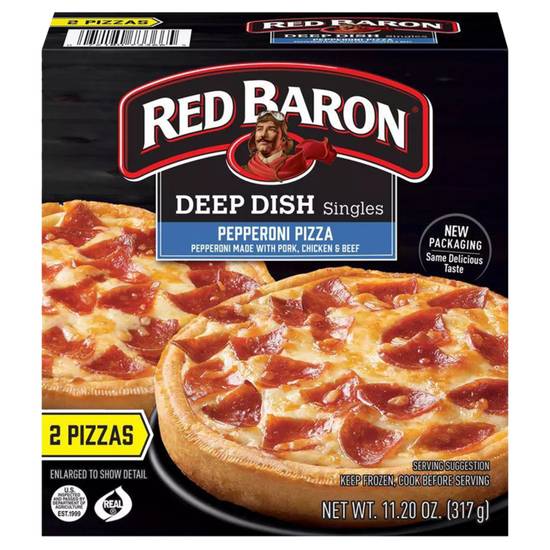 Order Red Baron Frozen Deep Dish Pepperoni Single Pizzas 2ct 11.2oz food online from Everyday Needs by Gopuff store, Manchester on bringmethat.com