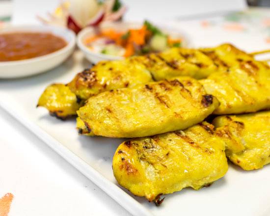 Order Satay Chicken (5 Pcs) food online from Thai Chili Cuisine store, Santa Clara on bringmethat.com