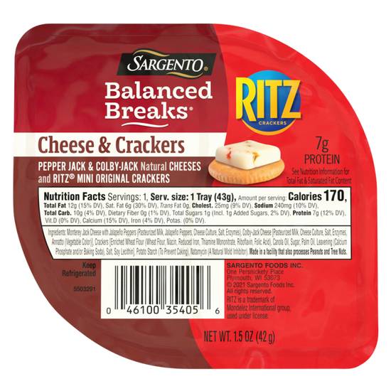 Order Sargento Balanced Breaks Pepper Jack & Colby Jack with Mini Ritz Crackers 1.5oz food online from Everyday Needs by Gopuff store, Baton Rouge on bringmethat.com