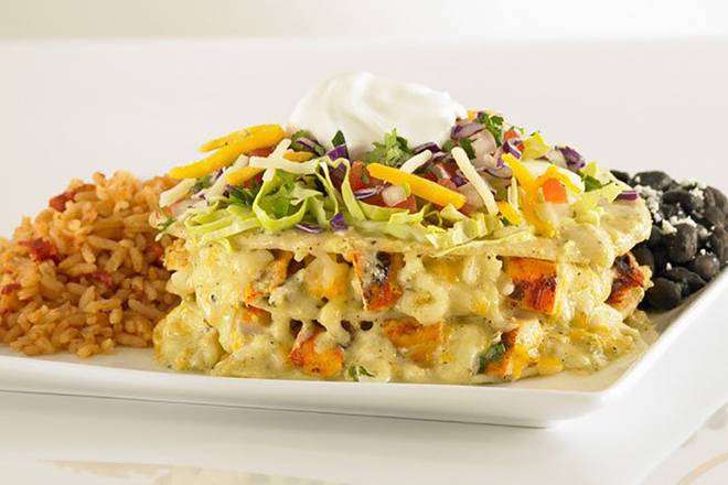 Order Stacked Chicken Enchilada food online from Sharky's Woodfired Mexican Grill store, Los Angeles on bringmethat.com