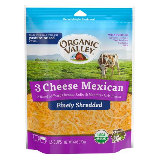 Order Organic Valley Mexican Blend Cheddar, Colby, Jack Finely Shredded Cheese 6oz food online from Everyday Needs by Gopuff store, Tampa on bringmethat.com