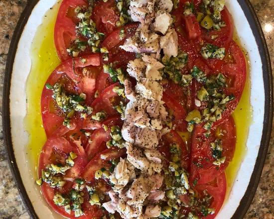 Order Carpaccio de Tomate con Bonito del Norte (Atun Blanco) food online from Happy Wine Calle Ocho store, West Miami on bringmethat.com