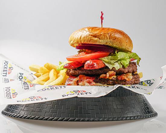 Order Fully Loaded Burger food online from Pocket's Billiards Wings And Beer store, El Paso on bringmethat.com