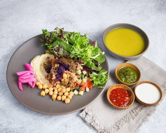 Order Vegan Trio Plate (VG, GF) by SAJJ Mediterranean Express food online from Barzotto store, Palo Alto on bringmethat.com