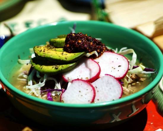 Order Green Pozole with Hominy Soup food online from Azteca store, Dublin on bringmethat.com