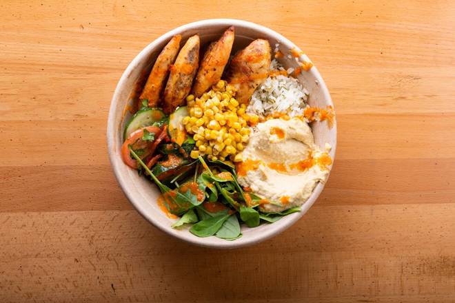 Order Garlic Chicken n' Hummus Bowl food online from Toma Mojo Grill store, Minnetonka on bringmethat.com