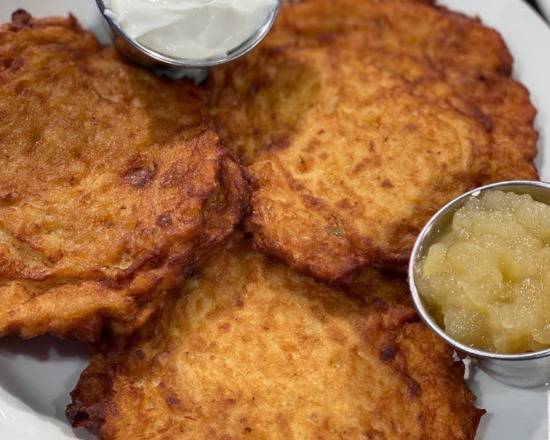 Order 3 Potato Pancakes food online from Miracle Mile Delicatessen store, Phoenix on bringmethat.com