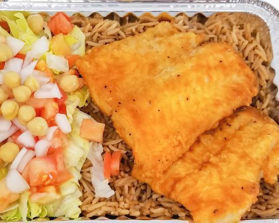 Order 2 Pieces Fish over Rice Platter food online from Shah's Halal Food store, New Hyde Park on bringmethat.com