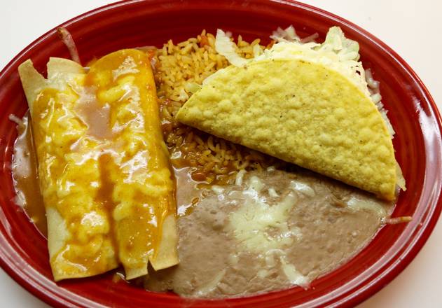 Order #29)=2 Enchiladas, Taco, Rice, and Beans food online from El Canelo store, Erie on bringmethat.com