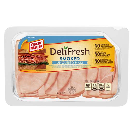 Order Oscar Mayer Deli Fresh Smoked Uncured Ham Sliced Lunch Meat 9oz food online from Everyday Needs by Gopuff store, Tampa on bringmethat.com